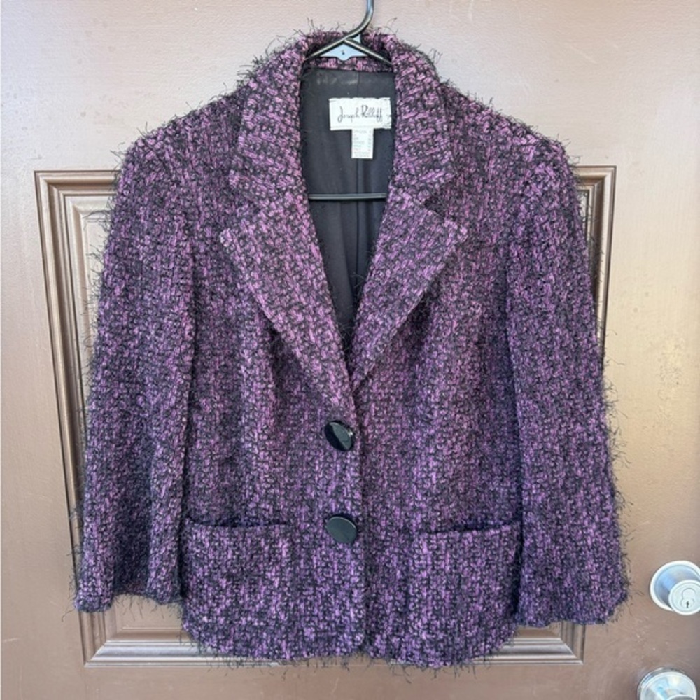 Joseph Ribkoff Purple Eyelash Boucle Blazer Jacket w/Knit Bell Sleeves